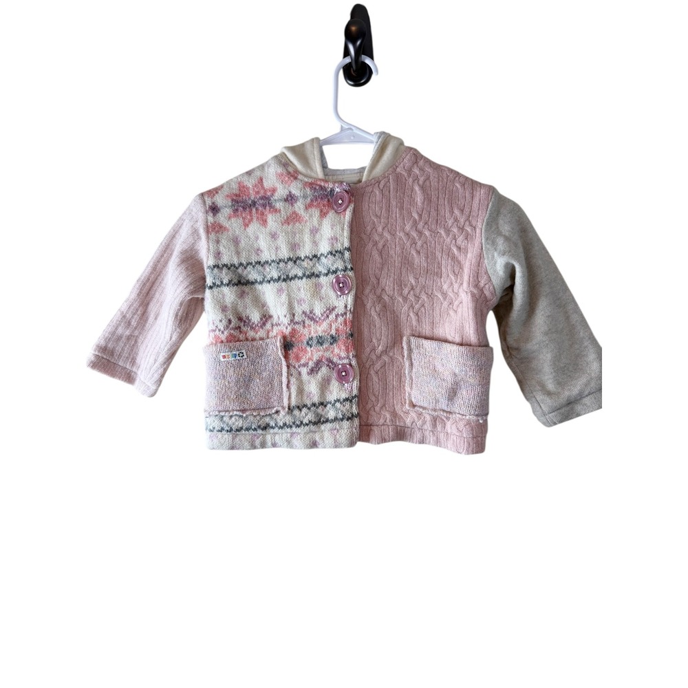 Kate Austin‎ Kids Girls 4T Pink Fair Isle Cable Knit Hooded Cardigan Sweater